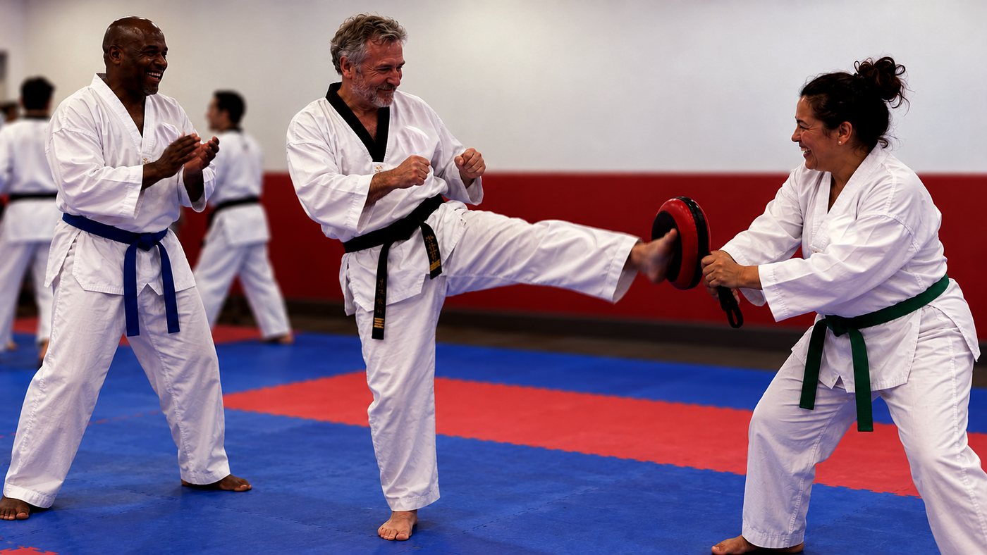 Adult students of different ages training together with a kicking paddle