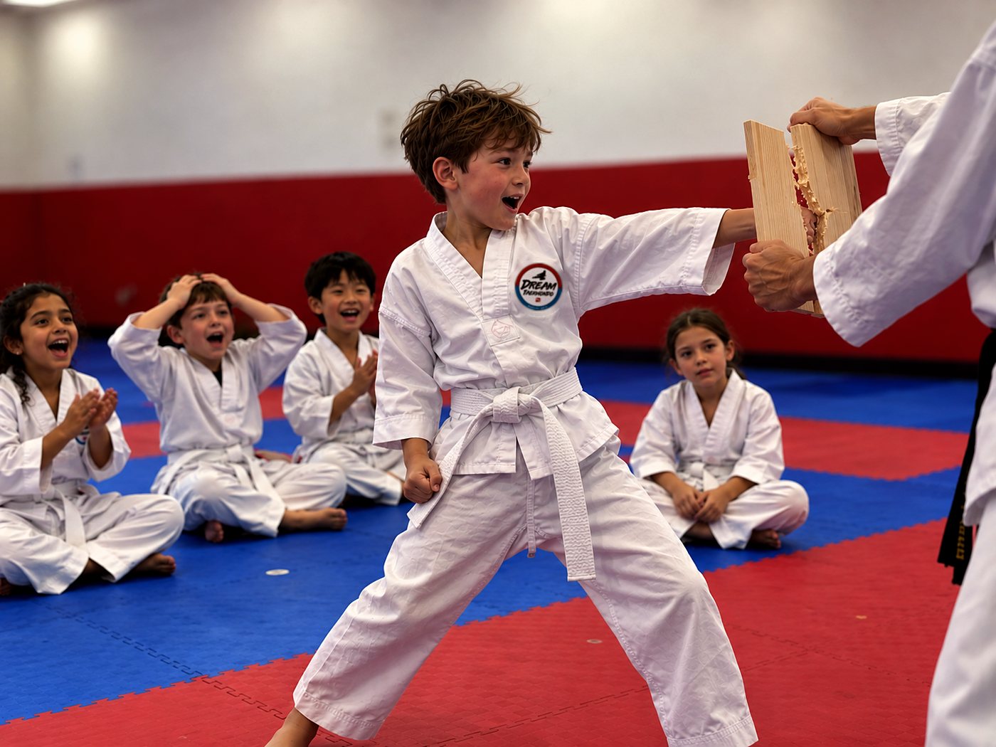A beginner student breaks a wooden board while classmates cheer