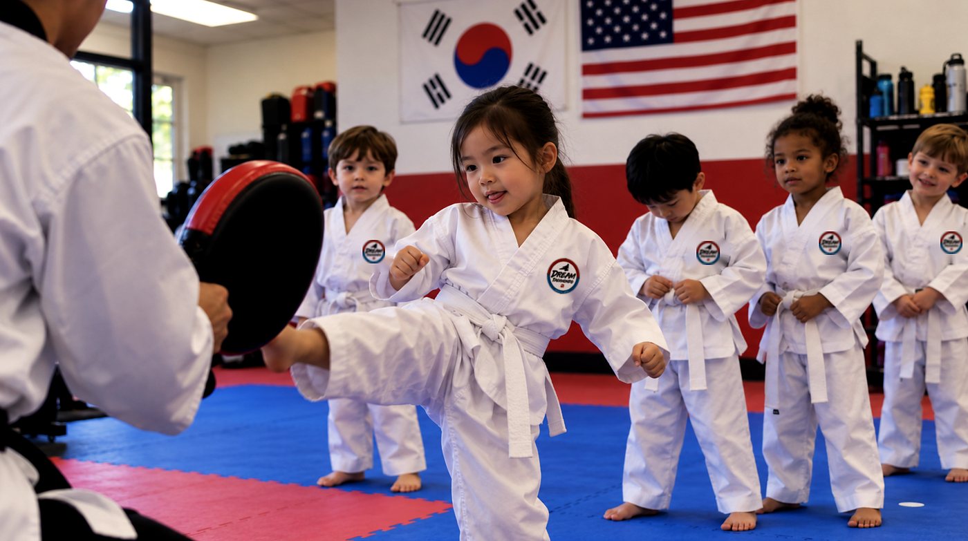 A young student practicing a front kick on a target while classmates watch