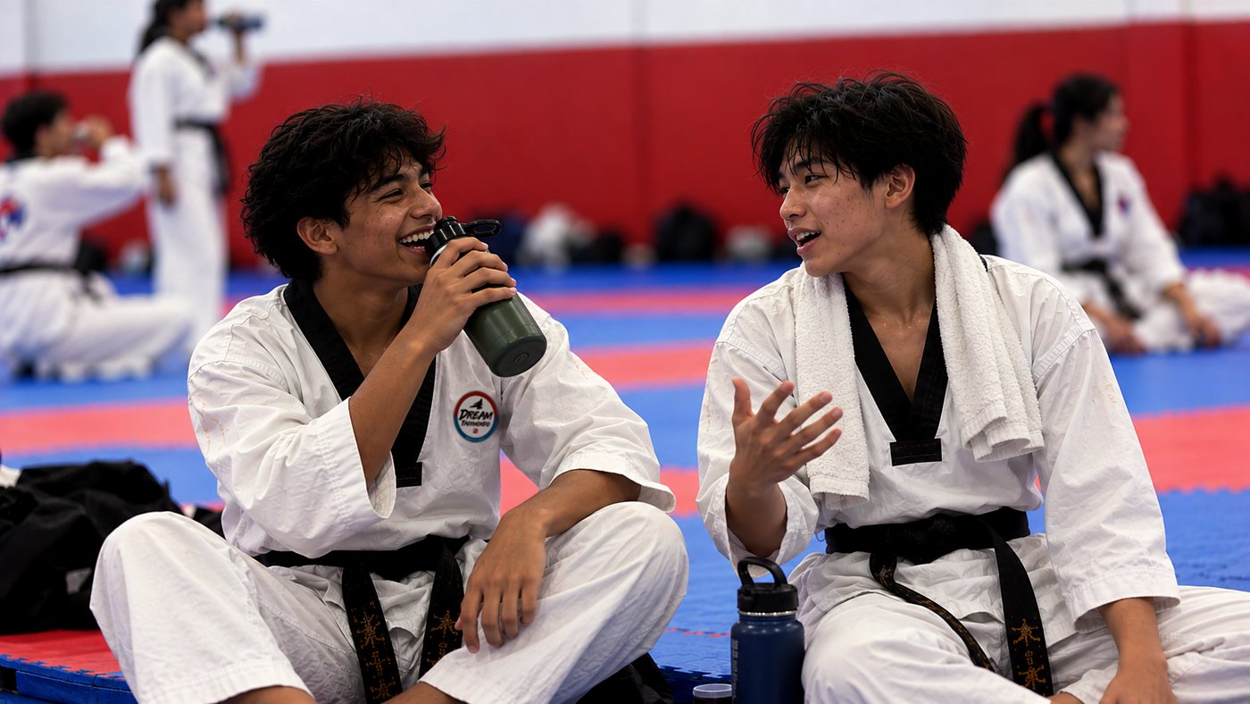 Two teen black belts laughing together during a water break
